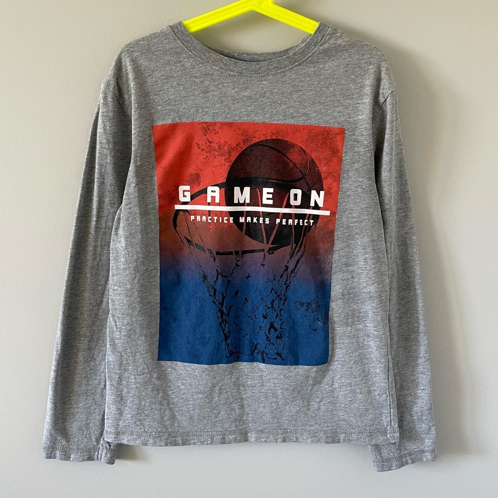 Boys Printed Long Sleeve T-Shirt - Basketball ‘Game On’ - Grey, Blue, & Orange